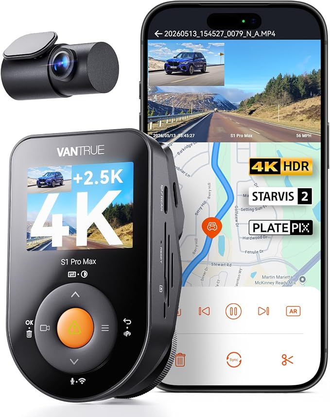 Vantrue S1 Pro Max Dash Cam 4K+2.5K Front and Rear, Dual STARVIS 2, Dual HDR, PlatePix Night Vision, 5GHz WiFi, GPS, Voice Control, 24/7 Parking Mode, 1TB Support (RC18)