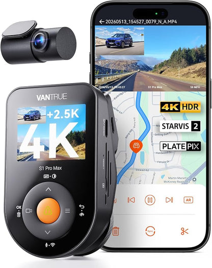 Vantrue S1 Pro Max Dash Cam 4K+2.5K Front and Rear, Dual STARVIS 2, Dual HDR, PlatePix Night Vision, 5GHz WiFi, GPS, Voice Control, 24/7 Parking Mode, 1TB Support (RC18)
