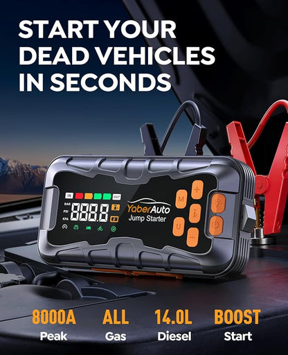 YaberAuto 16-in-1 Jump Starter with Air Compressor 8000A 160PSI Car Battery Jump Starter (All Gas/14L Diesel) 12V Jump Box Car Battery Jumper Starter Portable Jumper Cables, Emergency Tool Kit, Gloves