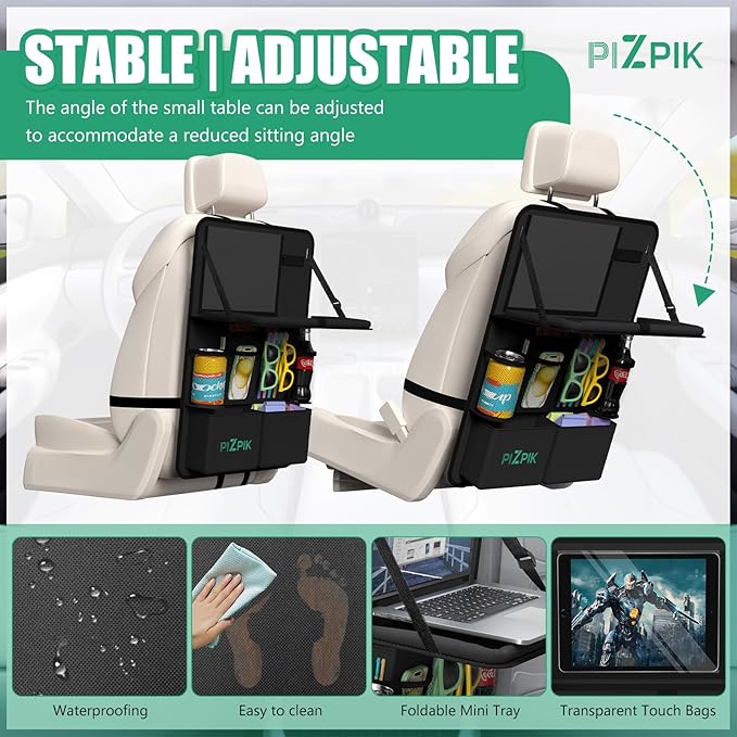 Plzpik Car Backseat Organizer with Tray(1Pack),13Storage Pockets with Foldable Food Tray, Protector Kick Mats for Kids, Travel Accessories Organizer (Black)