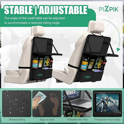 Plzpik Car Backseat Organizer with Tray(1Pack),13Storage Pockets with Foldable Food Tray, Protector Kick Mats for Kids, Travel Accessories Organizer (Black)