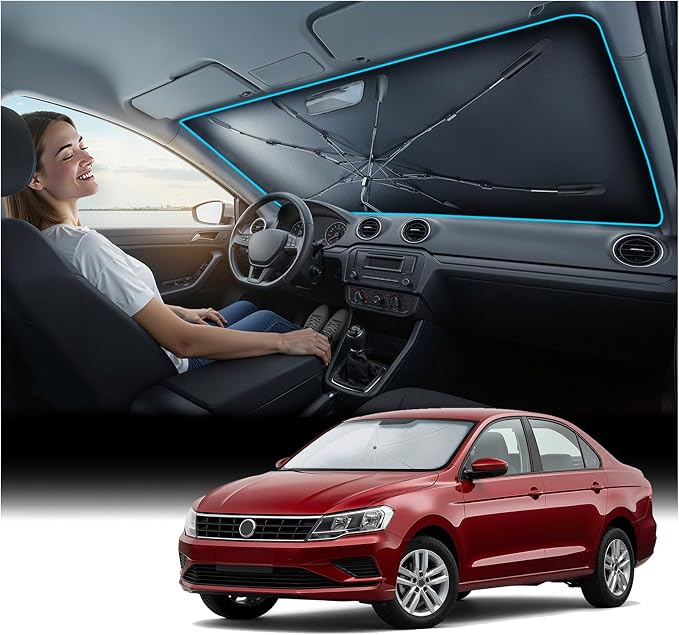 Nmoiss [Vinyl Coating Heat Shield] Windshield Sun Shade Umbrella Custom for Volkswagen Jetta 2019-2026, Block 99% UV Rays & Protect Interior Dashboard & Seats, Jetta Accessories