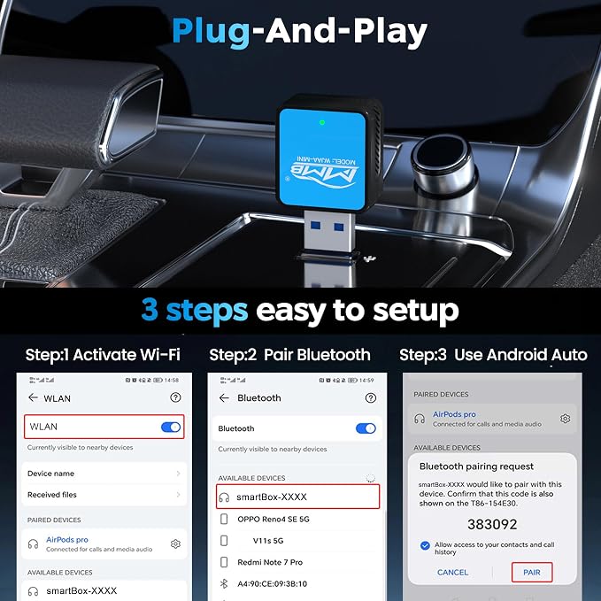 MMB Wireless Android Auto Adapter, 5.8GHZ WiFi, 5.3 Bluetooth, 3-5s Auto Connect, USB-C/USB-A/,Stable Control & No Delay, Compatible with Android 10+ Supports Car Original Control
