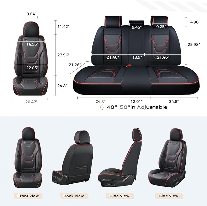 Coverado Car Seat Covers Full Sets, 5 Piece Car Seat Protector Waterproof Leather Seat Cushion Universal Fit for Truck Automotive Vehicles Black&Red