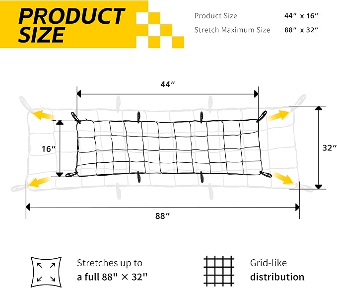 MaxxHaul Heavy-Duty Cargo Net – 44" x 16" Stretches to 88" x 32" – Tight 4" Mesh with 8 PP Hooks – Truck & SUV Bed Net, Trailer & Roof Rack Cargo Accessory