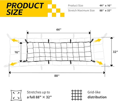 MaxxHaul Heavy-Duty Cargo Net – 44" x 16" Stretches to 88" x 32" – Tight 4" Mesh with 8 PP Hooks – Truck & SUV Bed Net, Trailer & Roof Rack Cargo Accessory