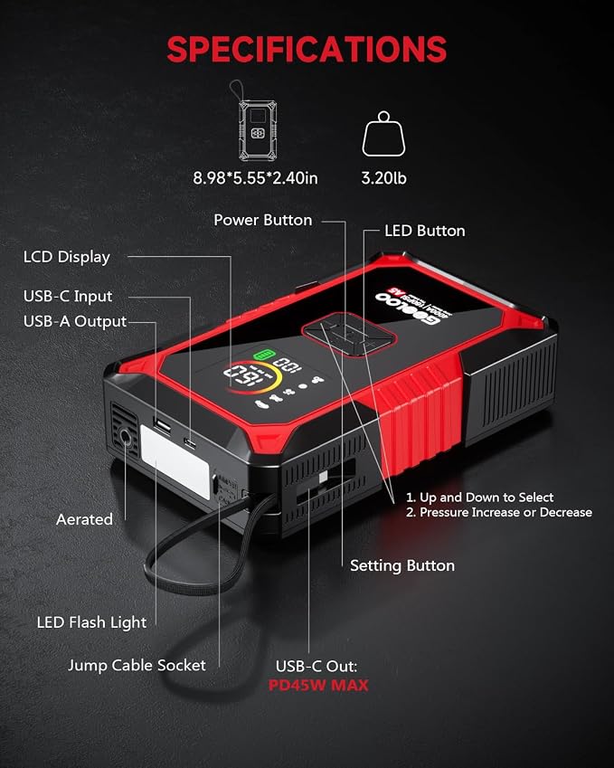 GOOLOO A5 Jump Starter with Air Compressor, 4000A Car Battery Jump Starter (All Gas/10.0L Diesel) with 160PSI Tire Inflator Auto-Off, 45W PD Fast Charging, 12V Jump Box Car Jumper Starter Portable