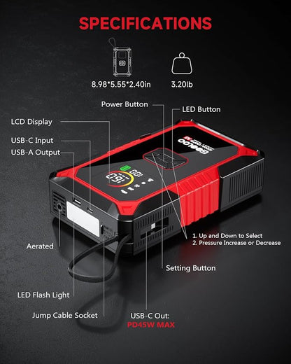 GOOLOO A5 Jump Starter with Air Compressor, 4000A Car Battery Jump Starter (All Gas/10.0L Diesel) with 160PSI Tire Inflator Auto-Off, 45W PD Fast Charging, 12V Jump Box Car Jumper Starter Portable