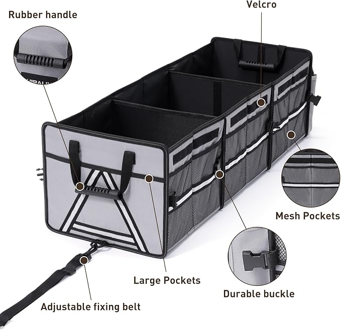 HIRALIY 4 in 1 Car Trunk Storage Organizer with Leakproof Cooler Bag, Multi-Compartment Foldable Trunk Storage Box for Car Truck SUV Gray