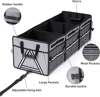 HIRALIY 4 in 1 Car Trunk Storage Organizer with Leakproof Cooler Bag, Multi-Compartment Foldable Trunk Storage Box for Car Truck SUV Gray