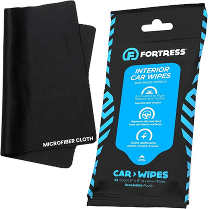 Fortress Car Interior Wipes with Microfiber Cloth (25 ct.) for Car Interior Cleaning, Dashboard, Seats, Detailing, and Steering Wheel [Travel Size] Skin-Safe Car Interior Cleaner Supplies