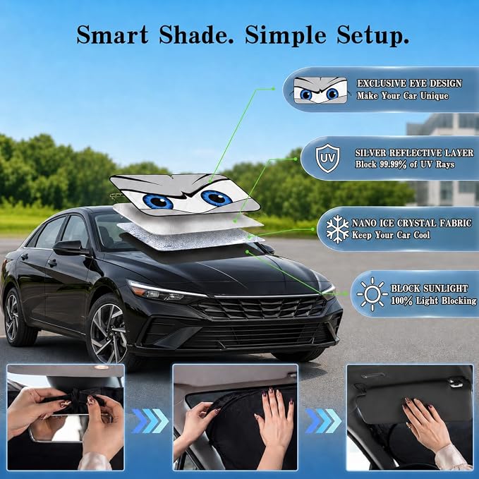Car Windshield Sun Shade, Funny Eyes Sun Visor for Car Windshield Universal Fits Sedan Compact Car Hatchback SUV, UV Heat Protection - 59 x 27.5
