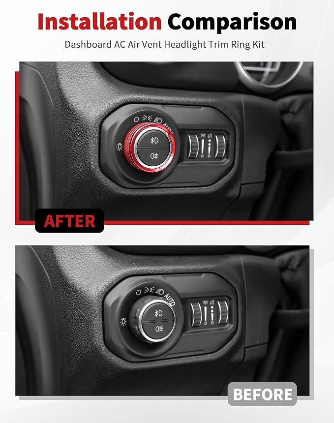 JWWY JL AC Air Vent Trim Rings & Dashboard Headlight Switch Decor Switch Knob Cover Kit Fit for 2018-2023 Jeep Wrangler JL JLU Interior Accessories, Aluminum Alloy 8PCS Red