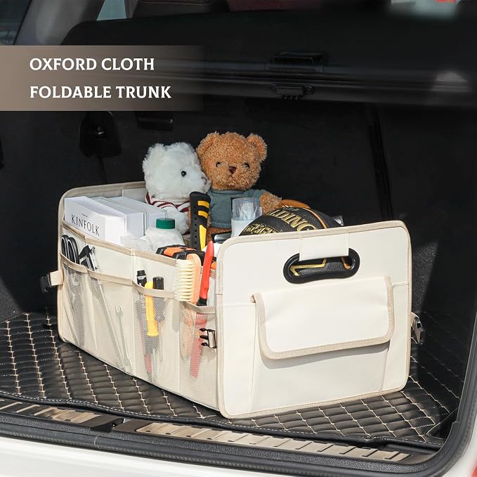 JiatuA Car Trunk Organizer, Car Organizers and Storage Collapsible Multi Compartment Container Box, Adjustable Car Accessories for SUV Sedan Truck, Large Size, Beige