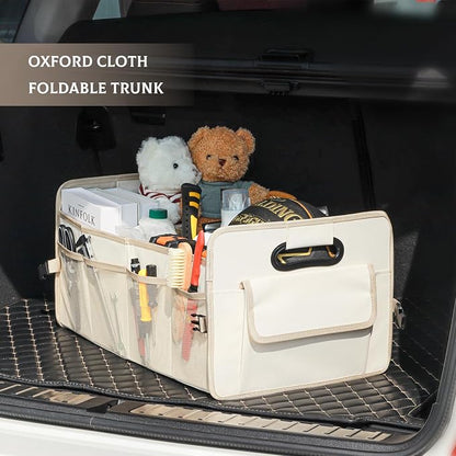 JiatuA Car Trunk Organizer, Car Organizers and Storage Collapsible Multi Compartment Container Box, Adjustable Car Accessories for SUV Sedan Truck, Large Size, Beige