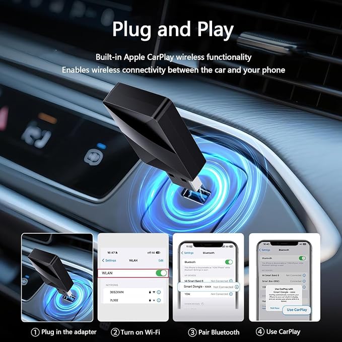 Wireless CarPlay Adapter for Acura RDX 2019-2024, Converts Wired to Wireless Dongle 2-in-1 5.8GHz Plug and Play Intelligent Voice Control Lag-Free