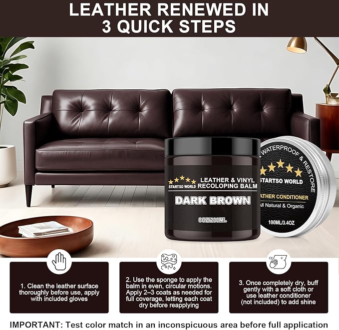STARTSO WORLD 200Ml Leather Recoloring Balm with 100ML Leather Conditioner, Dark Brown Leather Repair Kit for Furniture, Leather Dye, Leather Scratch Repair, Leather Couch Paint