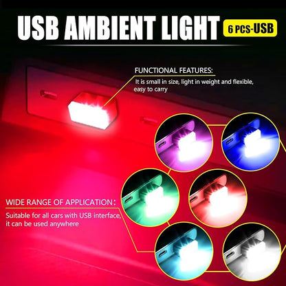 6 PCS USB LED Car Interior Atmosphere Lamp, Portable Mini Auto LED Decor Night Light, Plug-in USB Interface Ambient Lighting Kit, Universal Car Interior Accessories (6 Colors)