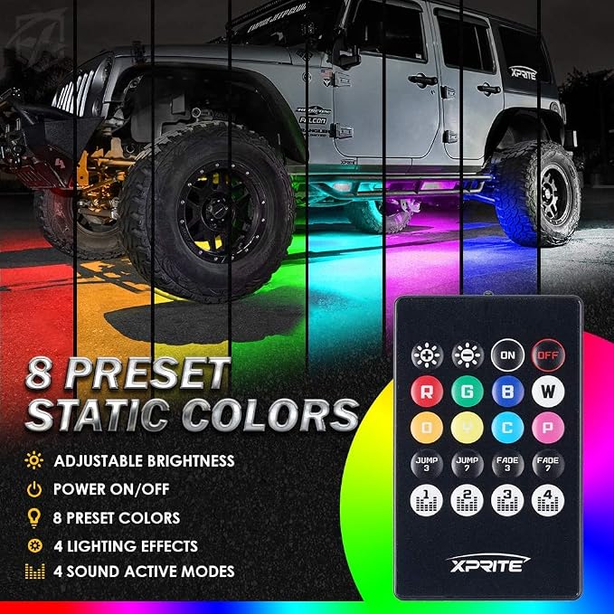 Car Underglow Kit, Xprite 4 Pcs Car Underglow Neon Accent Strip Lights 8 Color 252 LEDs RGB Sound Music Function with APP & Remote Control Underbody Light Strips for SUV Truck w/6FT Extension Wire