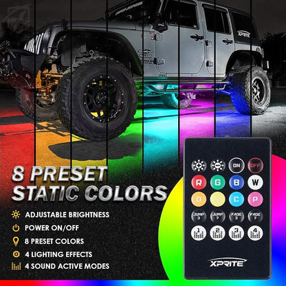 Car Underglow Kit, Xprite 4 Pcs Car Underglow Neon Accent Strip Lights 8 Color 252 LEDs RGB Sound Music Function with APP & Remote Control Underbody Light Strips for SUV Truck w/6FT Extension Wire