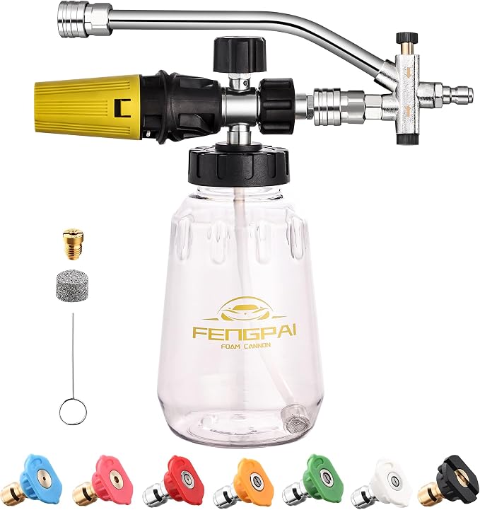 FENG PAI Foam Cannon for Pressure Washer with Dual-connector Accessory, 7 Power Washer Sprayer Nozzles, 1/4" Quick Connect Double Tip Attachment Soap Bottle Sprayer Soap, 3600 PSI (Clear)