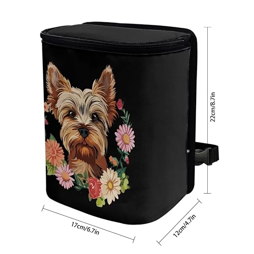 Talayituse Yorkshire Daisy Print Car Trash Bin, Large Size Auto Trash Can Adjustable Portable Garbage Can with Lid, Vehicle Hanging Bag for Headrest Front Back Seat