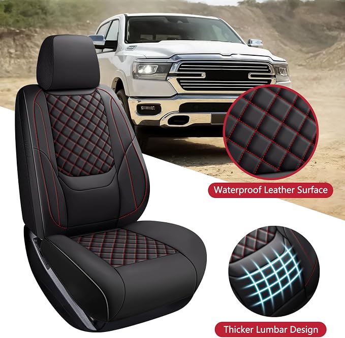 Ram 1500 Seat Covers 2009-2026 Front Pair, Truck Interior Sets with Lumbar Support Custom Fit for Dodge Ram 1500/2500/3500 Crew/Quad/Mega Cab Bighorn Longhorn Laramie Tradesman, Black Red
