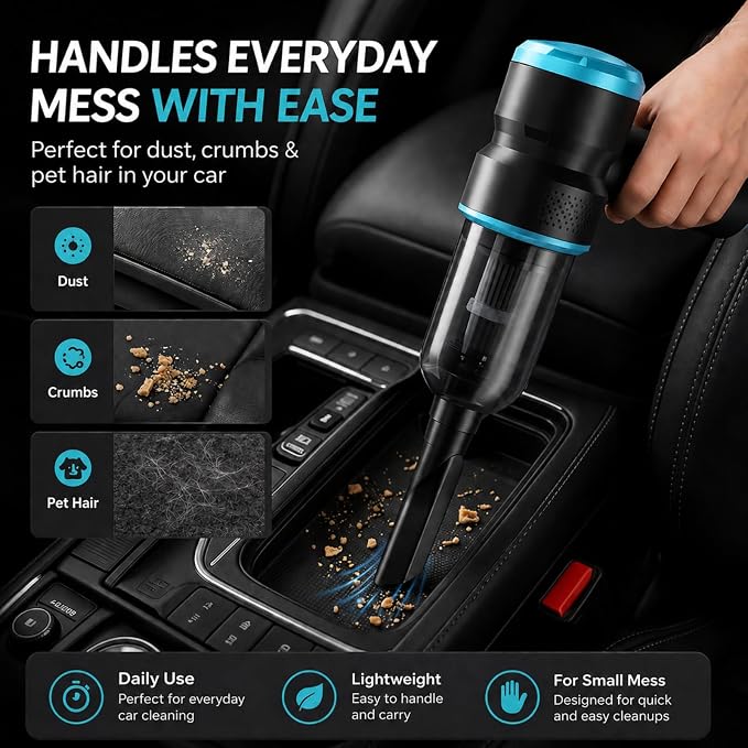 Handheld Car Vacuum Cleaner, 4-in-1 Cordless Rechargeable Mini Vacuum with Air Duster – Quickly Clean Crumbs, Pet Hair & Crevices in Car, Office, Home. Ideal for Commuters & Office Workers (Blue)