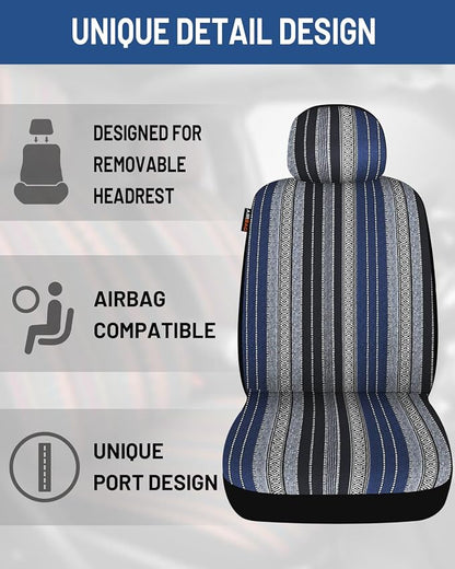 Baja Saddle Blanket Car Seat Covers Front Set with Seat Belt Pads, Washable Breathable Striped Woven Cloth Seat Covers for Cars, SUV, Truck, Airbag Compatible(Blue)