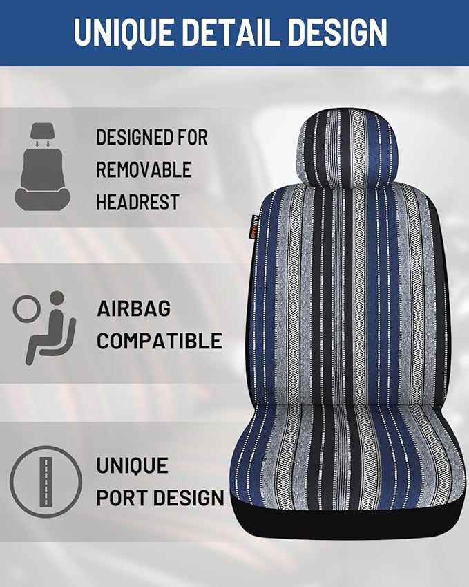 Baja Saddle Blanket Car Seat Covers Full Set with Seat Belt Pads and Steering Wheel Cover, Washable Breathable Striped Woven Cloth Seat Covers for Cars, SUV, Truck(Blue,Large)