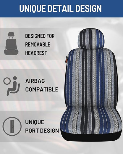 Baja Saddle Blanket Car Seat Covers Full Set with Seat Belt Pads and Steering Wheel Cover, Washable Breathable Striped Woven Cloth Seat Covers for Cars, SUV, Truck(Blue,Large)