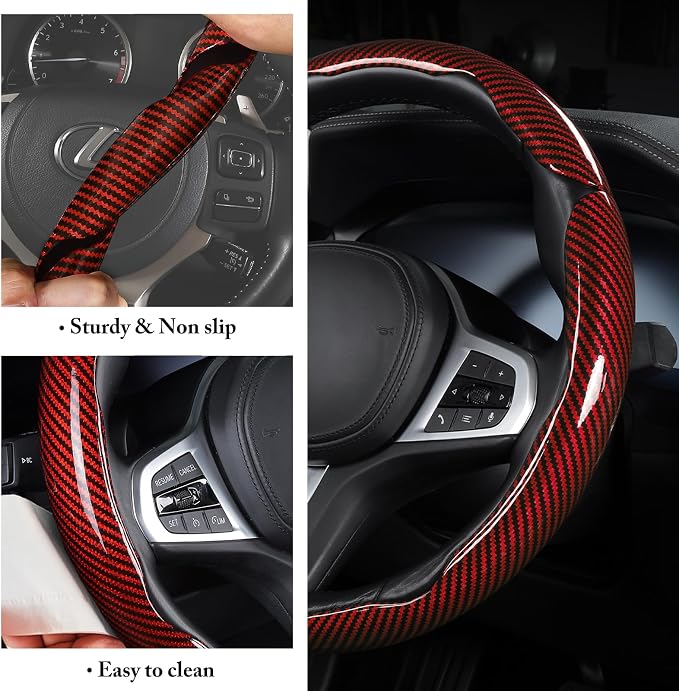 Carbon Fiber Steering Wheel Cover, Snap on Car Steering Wheel Cover Set Accessories 3pcs Wrap Grip Non Slip Protector Universal Glossy Red