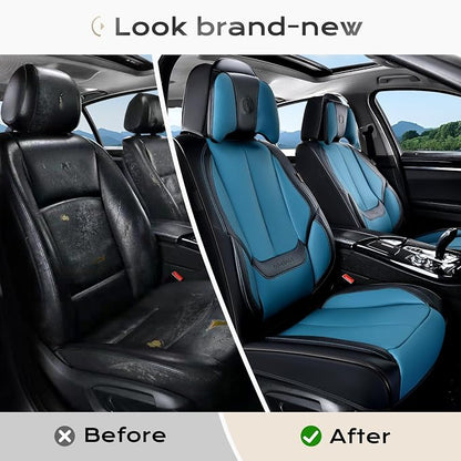 Coverado Seat Covers, Car Seat Covers Front Seats, Car Seat Cover, Car Seat Protector Waterproof, Seat Cushion Nappa Leather with Head Pillow, Carseat Cover Universal Fit for Most Cars (Black&Blue)