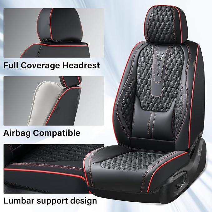 Coverado Car Seat Covers Full Set, Nappa Leather Seat Covers for Car, Waterproof Car Seat Protector with Lumbar Support, Automotive Seat Covers Universal Fit for Most Cars SUV Trucks (Black-Red line)