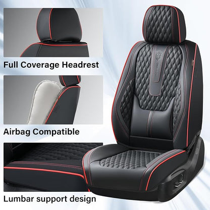 Coverado Car Seat Covers Full Set, Nappa Leather Seat Covers for Car, Waterproof Car Seat Protector with Lumbar Support, Automotive Seat Covers Universal Fit for Most Cars SUV Trucks (Black-Red line)