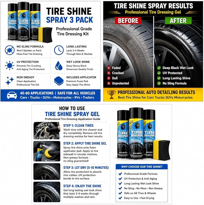 Tire Shine Spray 3 Pack High Gloss Wet Look UV Protection 15oz w/Pad | Professional-grade formula resists water and rain. Safe for all rubber types. Prevents cracking and fading from sun damage.