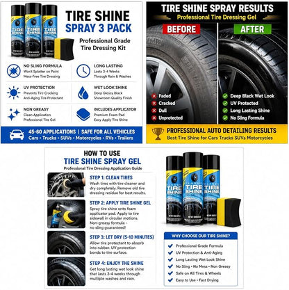 Tire Shine Spray 3 Pack High Gloss Wet Look UV Protection 15oz w/Pad | Professional-grade formula resists water and rain. Safe for all rubber types. Prevents cracking and fading from sun damage.