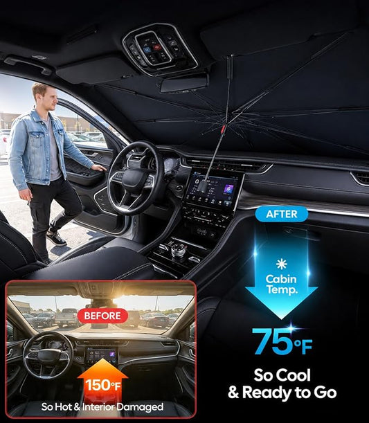 Wigoo Windshield Sun Shade Umbrella for Jeep Grand Cherokee 2011-2026 [100% Sun Blockage, Ice Cooling Fabric] Foldable Front Window Sunshade Umbrella for Jeep Grand Cherokee 2011-2026