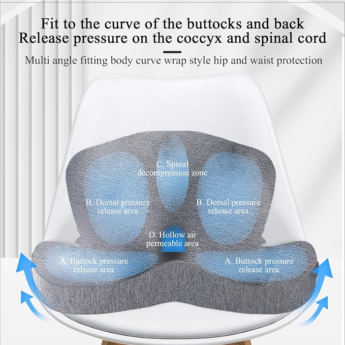 Car Seat Cushion, Memory Foam Driving Cushion with Adjustable Strap, Ergonomic Pad for Car & Semi Truck, Office Chair Cushion for Sciatica & Lower Back Pain Relief, Light Gray