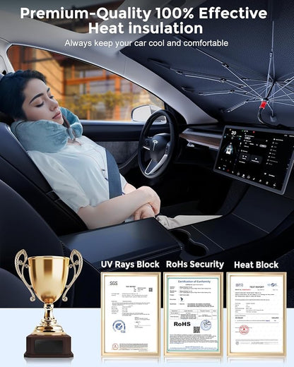 DMJN Umbrella Windshield Sun Shade for Tesla New Model Y Juniper, Y & 3 (2016-2026), Car Sunshade for Front Windshield [Nano Ice-Crystal Coatings] UPF50+ Heat & UV Block, Protect Interior & Keep Cool