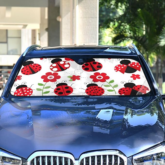 Ladybugs Flower Car Windshield Sun Shade Red Scarab Foldable UV Ray Sun Visor Protector Sunshade to Keep Your Vehicle Cool (55" x 27.6")