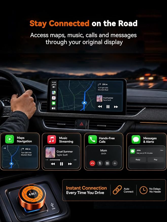 Spedal 4-in-1 Wireless CarPlay Adapter, Android Auto, AirPlay & MirrorLink | Auto-Connects At Ignition, No Daily Cable Needed; Dual-Band WiFi & BT 5.3 For Stable Connection; USB-A & USB-C Included