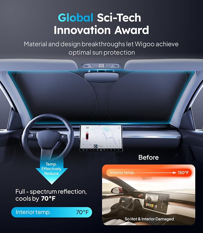 Wigoo Tesla New Model Y Accessories Windshield Sunshade [OEM Design, 100% Sun Blockage] Foldable Heat Insulation Sunshade with Storage Bag, for Model Y 2020~2026 (Juniper), Silver Coating