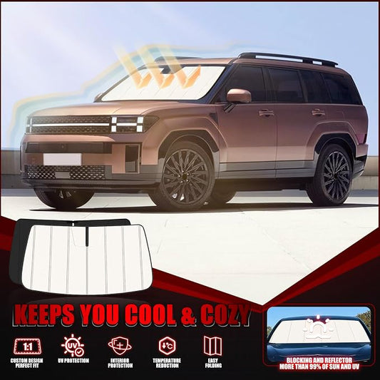 Windshield Sun Shade for Hyundai Santa Fe 2024-2025 2026, Front Window Visor Accessories, Folding Design Blocks Heat & UV Rays Maintain Cool Interior and Save Space