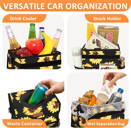 Vankor 3 Gallons Car Trash Can with Lid, Car Bag Bin Hanging Waterproof Automotive Garbage Cans Leak Proof Vehicle Trash Can Sunflower