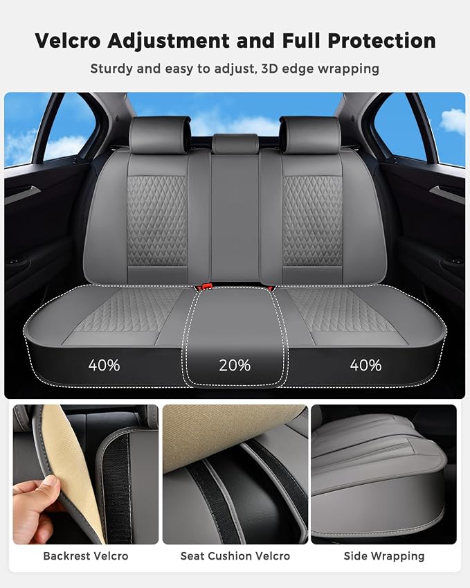 Huidasource Gray Back Seat Covers, Luxury Nappa Leather Rear Seat Cover with Velcro Adjustable, Child Seats, Ventilation Holes, Seat Belts, Back Seat Car Cover Fit for Most Cars SUV Trucks, Gray