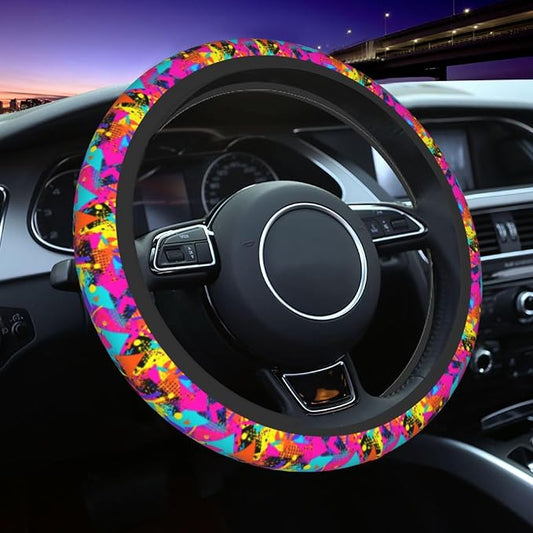 Retro 80s 90s Steering Wheel Covers Non Slip Neoprene Universal 15 Inch Steering Wheel Protector Car Cover for Men Women