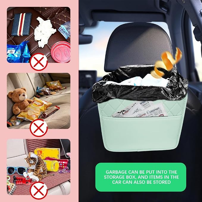 Car Seat Back Organizer, Leather Backseat Hanging Storage Bag, Multipurpose Car Hanging Trash Bag with 2 Compartments, Car Large Capacity Pouch Pocket for Kids & Adults (Green)