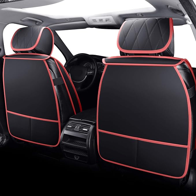 5 Car Seat Covers Full Set Waterproof Leather Universal Cushions Split Bench Compatible with Toyota Camry Kia Nissan Chevy Malibu CRV Focus Fusion Jeep Wrangler Cherokee (Full Set, Black-Red )