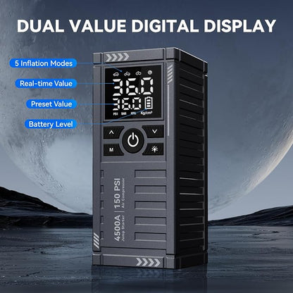 Car Battery Jump Starter with Air Compressor - 4500A 150PSI Portable Car Jump Starters (All Gas/10L Diesel) with Tire Inflator, 12V Car Battery Jump Box with Jumper Cables, LCD Display, LED Light